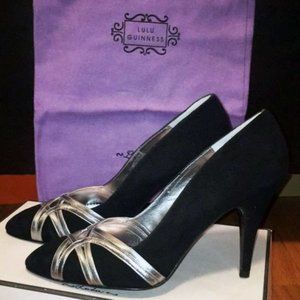 NWT Lulu Guinness black/silver suede heels - Sz 10 / 41